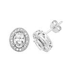 Silver CZ Oval Halo Stud Earrings 10x8mm