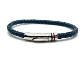 Navy Leather Polished Red & Blue Striped Bracelet