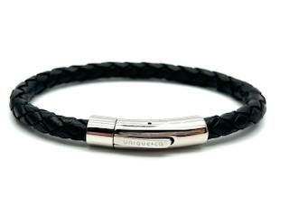 Black Leather & Stainless Steel Clasp Bracelet