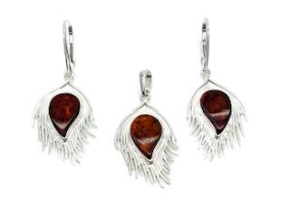 Silver Amber Peacock Feather Pendant & Earring Set