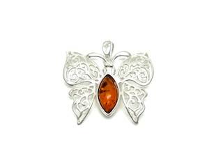 Silver Amber Ornate Butterfly Pendant