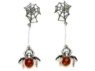 Silver Amber Spider & Web Drop Stud Earrings