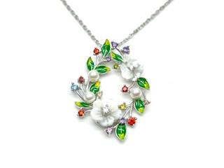 Silver Mother Of Pearl & CZ Enamel Flower Necklace