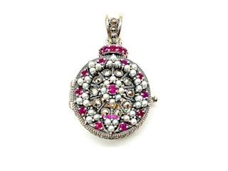 Silver Ruby Pearl & Marcasite Locket