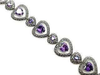 Silver Purple CZ & Marcasite Hearts Bracelet