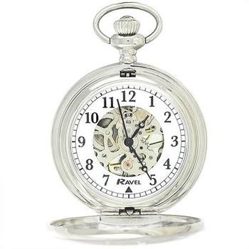 Chrome Plated Skeleton Manual Pocket Watch & Chain