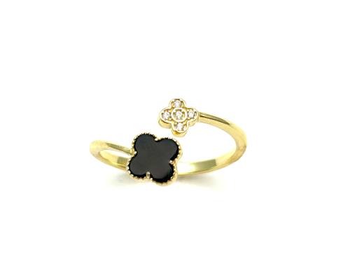 Silver Gold Plated Black & CZ  Clover Ring