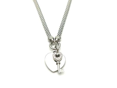 Silver CZ Heart & Key Pendant & Chain