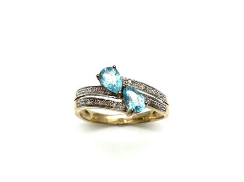 9ct Aquamarine & Diamond Crossover Ring