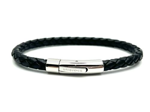 Black Leather & Stainless Steel Clasp Bracelet