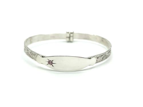 Silver Pink CZ Patterned Expanding Baby Bangle