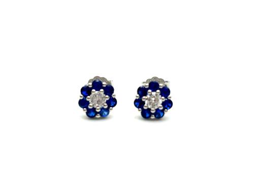 Silver Blue & White CZ Flower Stud Earrings