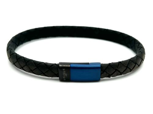 Black Leather Blue Stainless Steel Clasp Bracelet