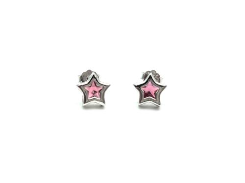 Silver Pink CZ Star Stud Earrings