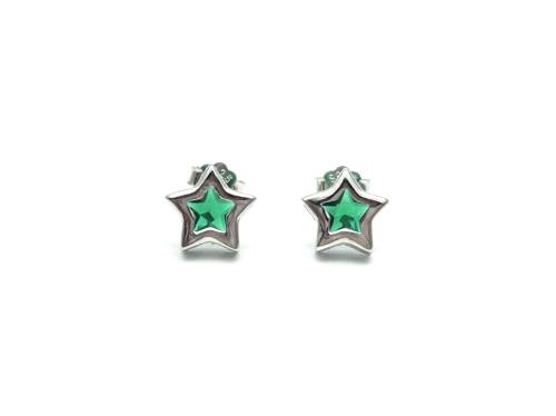 Silver Green CZ Star Stud Earrings