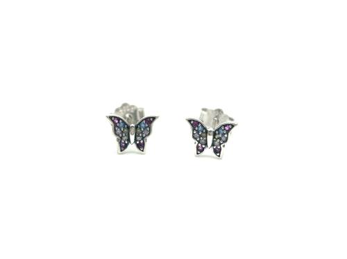 Silver Multicolour CZ Butterfly Stud Earrings