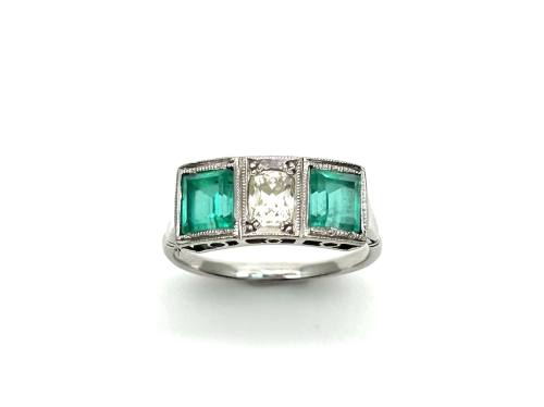 An Old Emerald & Diamond 3 Stone Ring