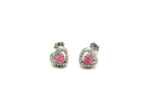 Silver Pink Created Opal & CZ Heart Stud Earrings