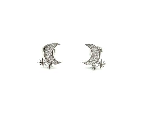 Silver Moon & Stars CZ Stud Earrings