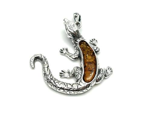 Silver Amber Comodo Dragon Pendant