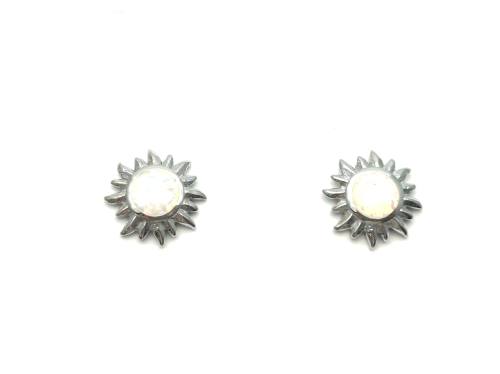 Silver White Opalique Sun Stud Earrings