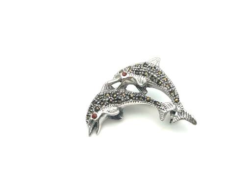 Silver Marcasite Double Dolphin Brooch