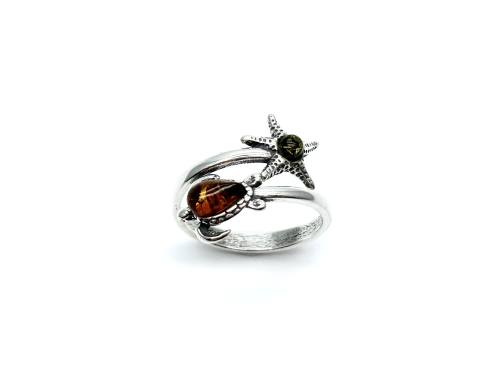 Silver Amber Turtle & Starfish Ring