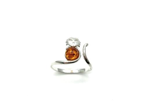 Silver Amber Cat Ring