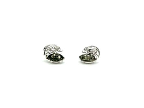 Silver Green Amber Leaf Stud Earrings