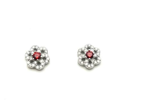 Siver Red CZ Cluster Stud Earrings