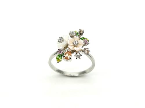 Silver Mother Of Pearl & CZ Enamel Flower Ring