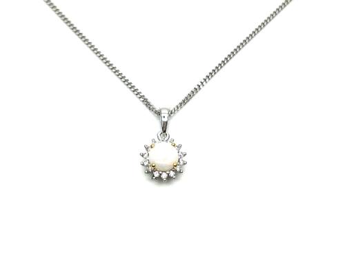 Silver Round Opal & CZ Cluster Pendant & Chain