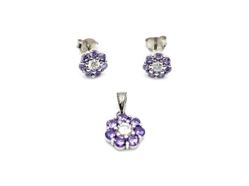 Silver Purple CZ Pendant & Stud Earrings Set