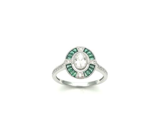 Silver Green CZ Art Deco Style Ring Size P