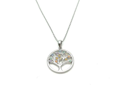 Silver Multi CZ Tree Of Life Pendant & Chain