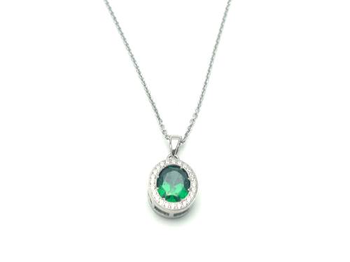 Silver Green & Clear CZ Oval Halo Pendant & Chain