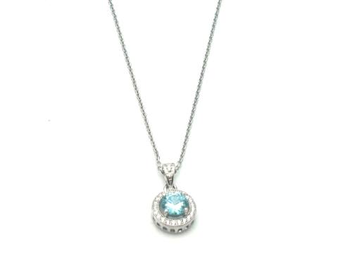 Silver Light Blue CZ Halo Cluster Pendant & Chain