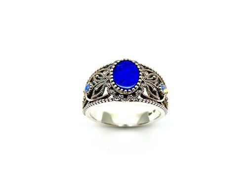 Silver Created Blue Opal Fancy Floral Ring