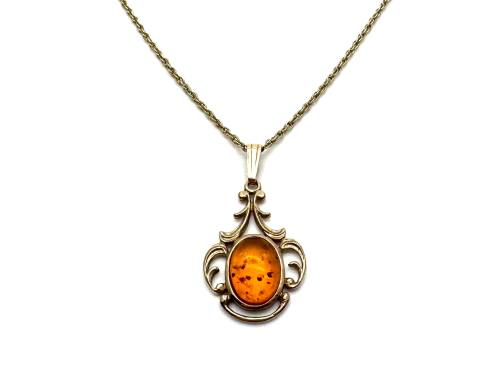 9ct Yellow Gold Amber Pendant & Chain