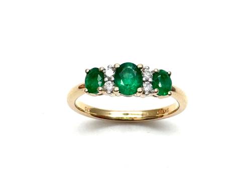 9ct Yellow Gold Emerald & Diamond 3 Stone Ring