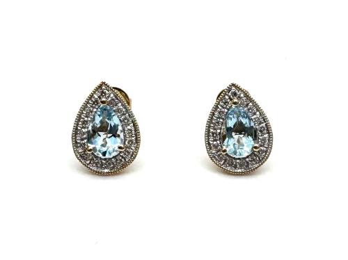 9ct Yellow Gold Aquamarine & Diamond Earrings