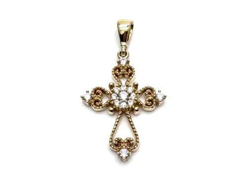 9ct Yellow Gold CZ Filigree Cross