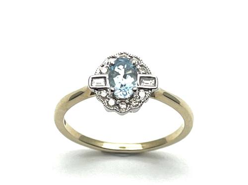 9ct Yellow Gold Aquamarine & Diamond Cluster Ring