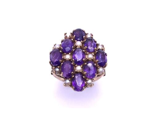 9ct Amethyst & Pearl Cluster Ring