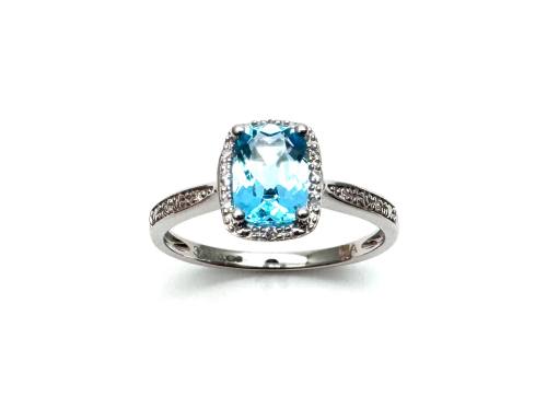 9ct White Gold Blue Topaz & Diamond Halo Ring