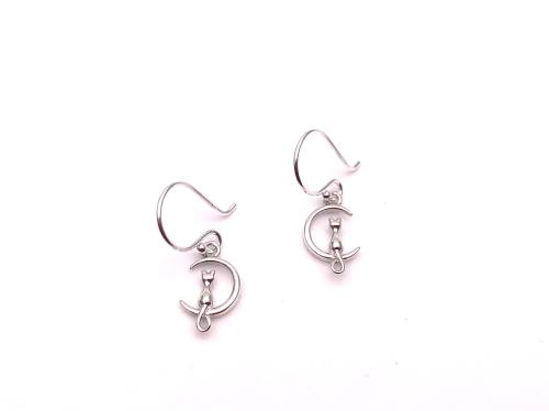 Silver Cat In Moon Drop Earring Studs