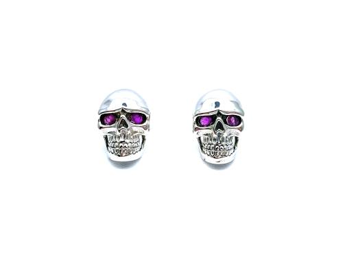 Silver Synthetic Ruby Skull Stud Earrings