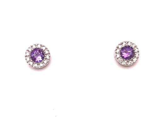 Silver Amethyst & CZ Cluster Stud Earrings 6mm