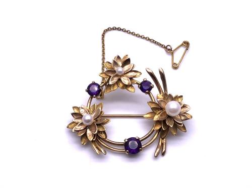 9ct Amethyst & Pearl Brooch