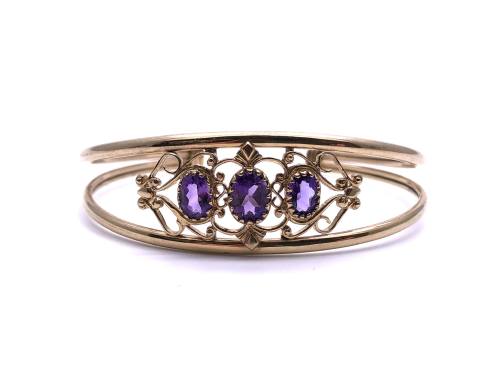 9ct Yellow Gold Amethyst 3 Stone Bangle